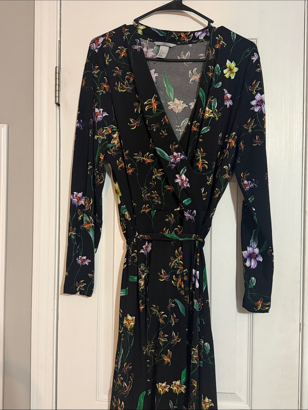 Black Floral Wrap Dress with Purple & Green Accents